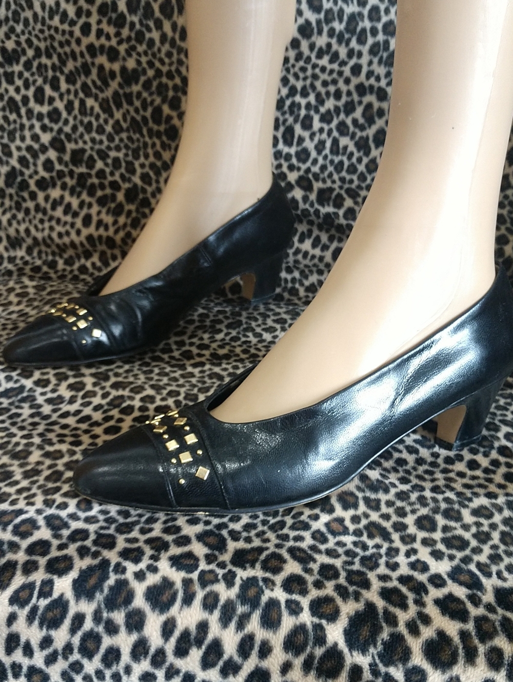 Karen Scott Black Low Heel Pumps with Gold Stud Accents